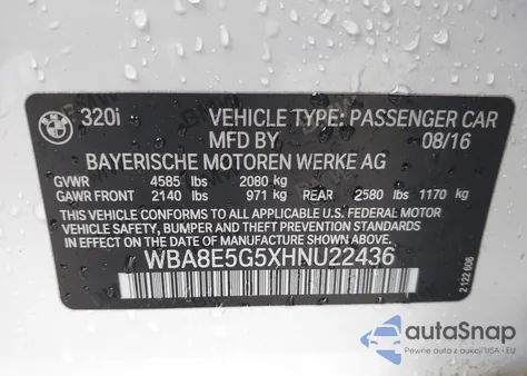 2017 BMW 320 Xi z USA, uszkodzony, nr VIN WBA8E5G5XHNU22436